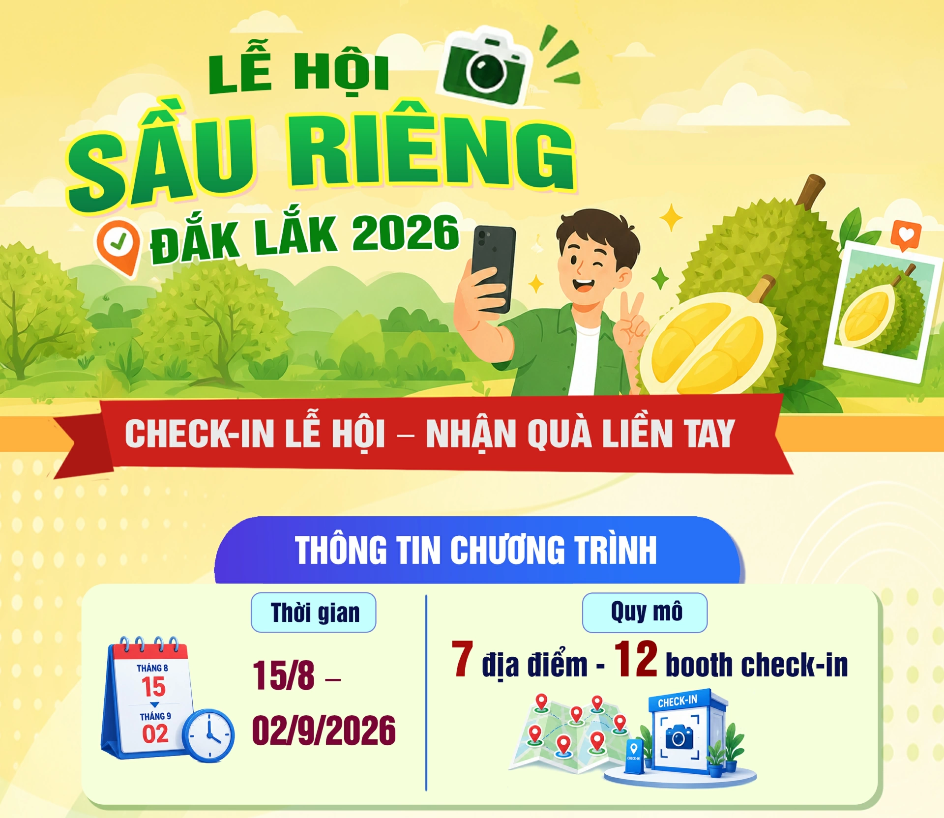 (Infographic) Lễ hội sầu riêng Đắk Lắk 2026: Check-in Lễ hội – Nhận quà liền tay